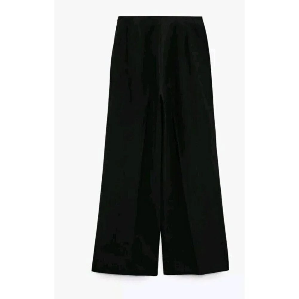 BNWT ZARA FULL LENGTH LINEN BLEND BLACK PANTS TROUSERS SIZE M  7385 490